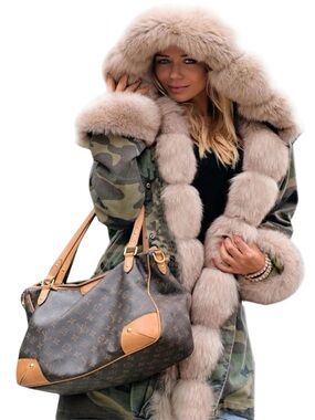 Camo Faux Fur Lined Hooded Parka Jacket XL Plush Sherpa Lining Army Green Coat